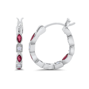 14K White Gold Art Deco Hoop Earrings Marquise Round Simulated Ruby CZ